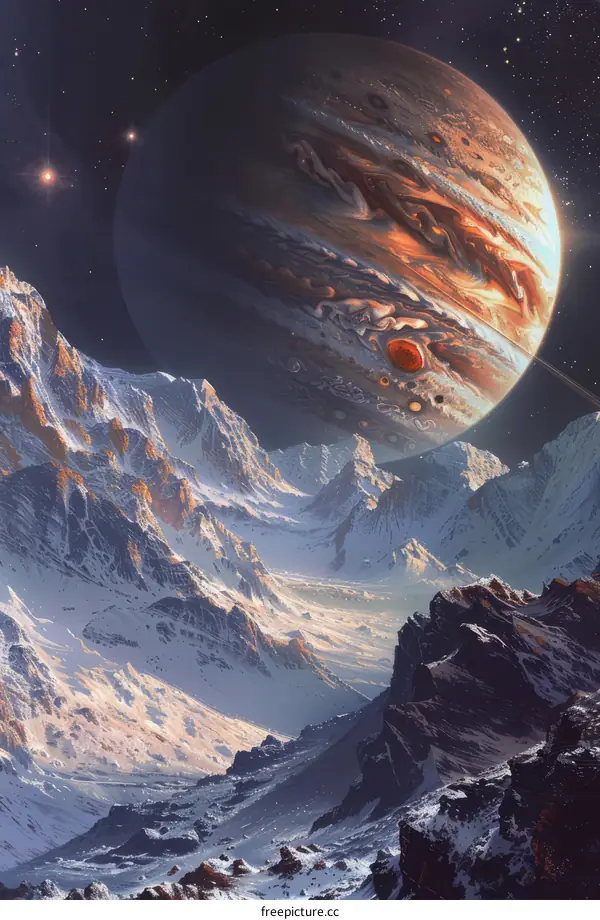 A beautiful painting of a snowy mountain landscape with a large planet in the sky