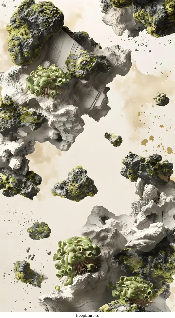 Abstract 3D Surreal Art With Green and White Stones