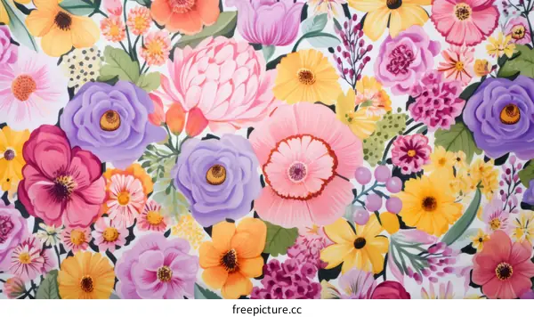 colorful floral pattern with pink, yellow, orange, and purple flowers