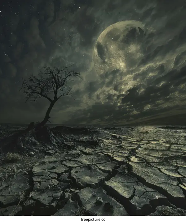 A large moon rises over a dead tree in a cracked desert