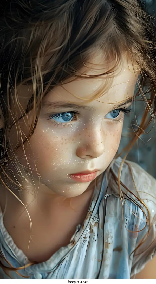 Portrait of a young girl with blue eyes and freckles