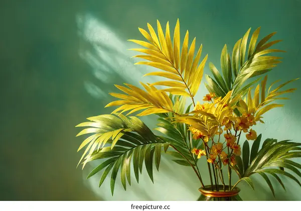 Yellow Tropical Plants in Vase Against Teal Wall