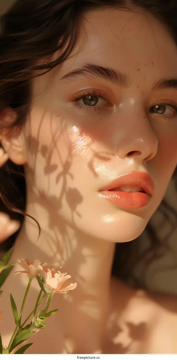 Close-up portrait of a beautiful young woman with flowers