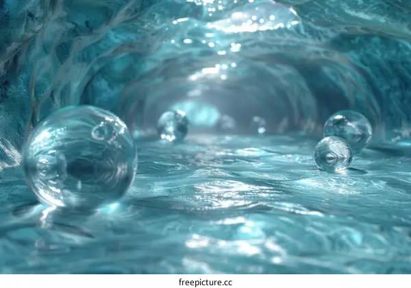 Glass Spheres Floating in Blue Liquid - 3D Render