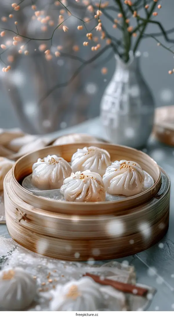 Delicate and delicious dumplings in a bamboo steamer