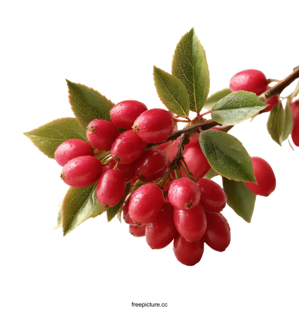 [Transparent Background PNG]Close Up of Red Berries on Branch with Leaves