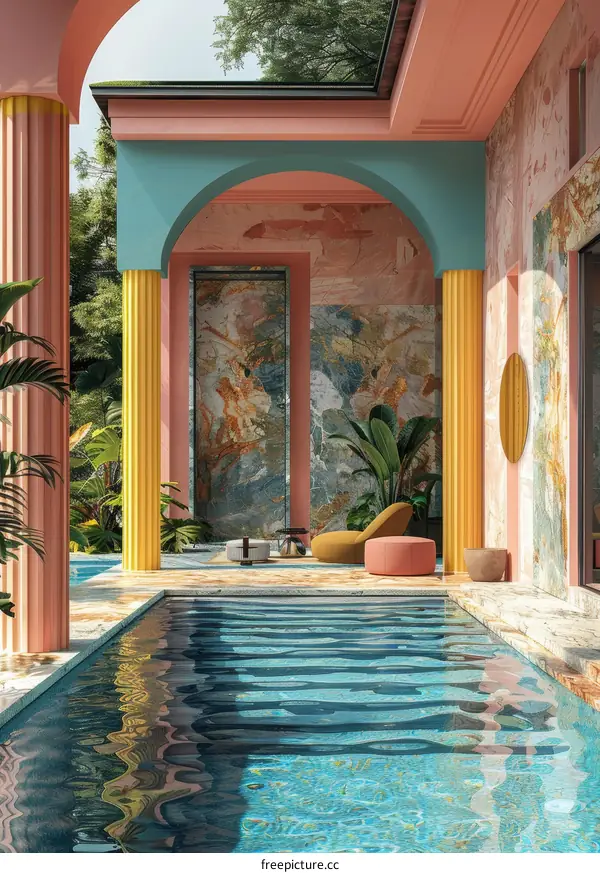 Retro futuristic surreal colorful villa with pool