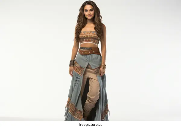 A woman wearing a boho-chic outfit with a bandeau top, a long skirt, and a belt