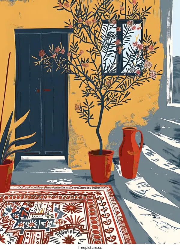 Illustration Of A Doorway With A Plant And A Rug