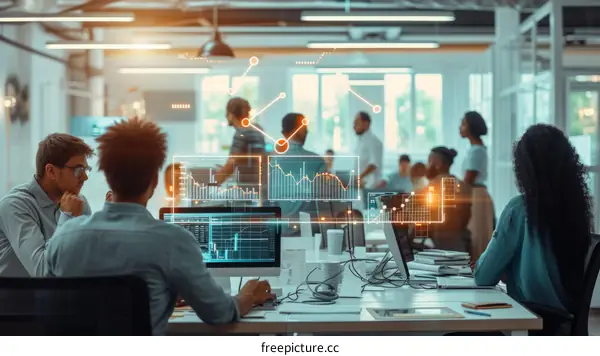 Diverse group of business professionals working together in a modern office using computers and technology to analyze data and solve problems