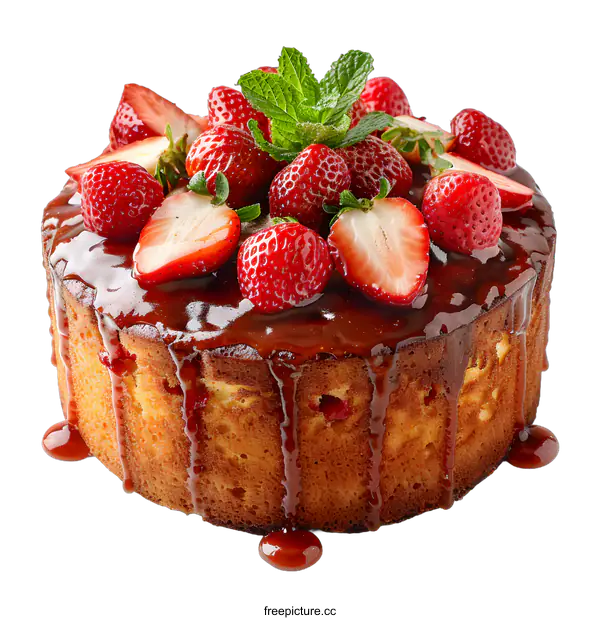 [Transparent Background PNG]A cake topped with strawberries and chocolate sauce.