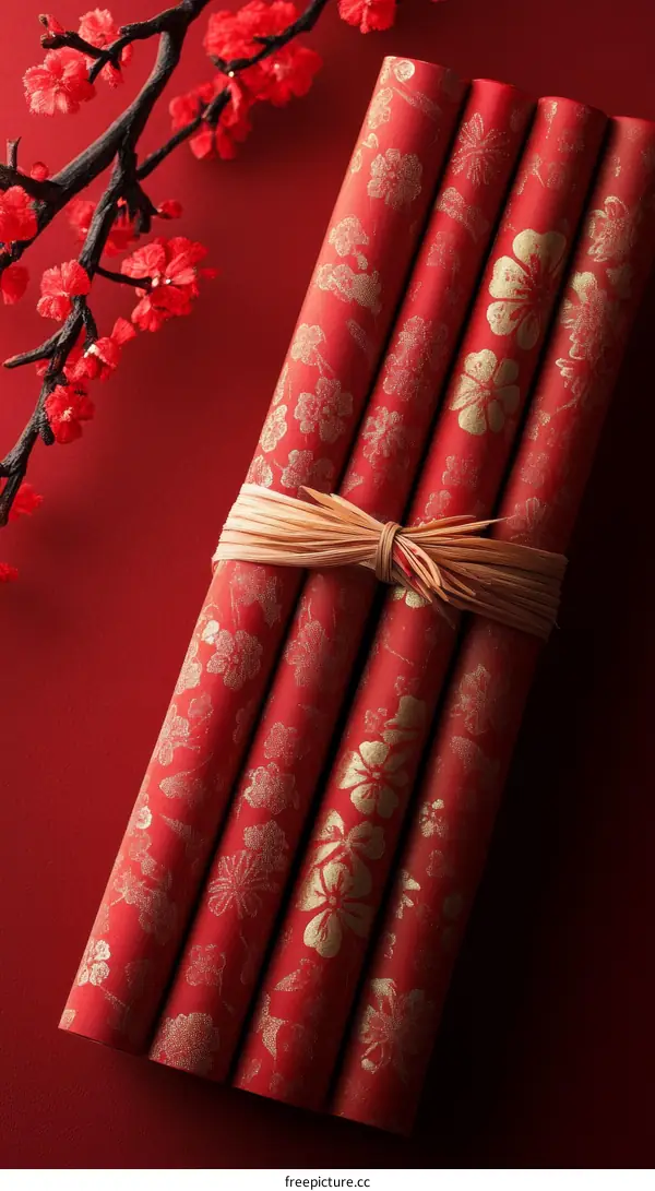Elegant Chinese Red Paper Rolls with Floral Design
