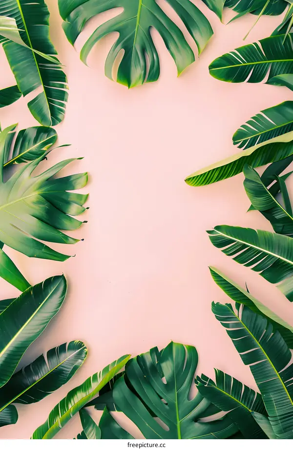 Tropical Green Leaves on Pink Background
