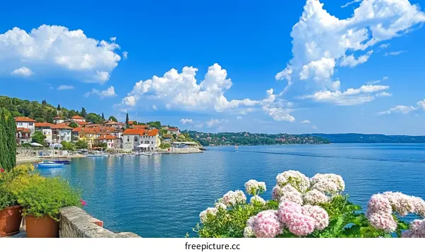 Lakefront Town Under Sunny Sky