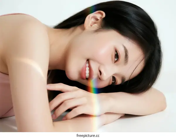 Young Asian Woman with Rainbow Light and Natural Skin Glow