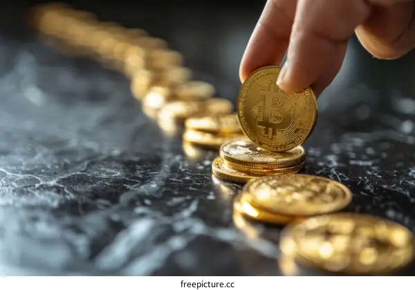 A hand placing a gold Bitcoin on a stack of Bitcoins