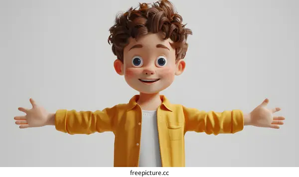 3D rendering of a cute cartoon boy with curly brown hair and blue eyes wearing a yellow shirt