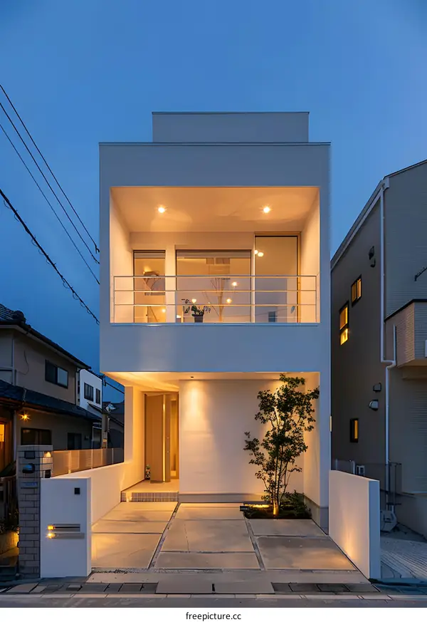 Modern Minimalist White House Exterior Design with Balcony