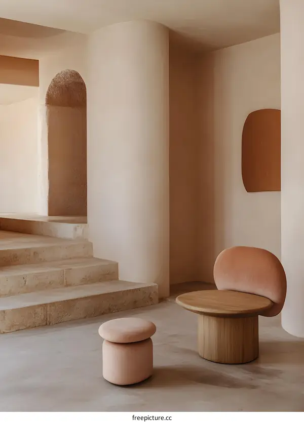 Minimalist Interior Design with Pink Chair and Ottoman