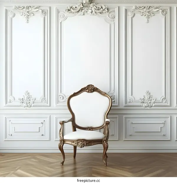 White and Gold Baroque Chair In Front Of A White Wall With Detailed Molding