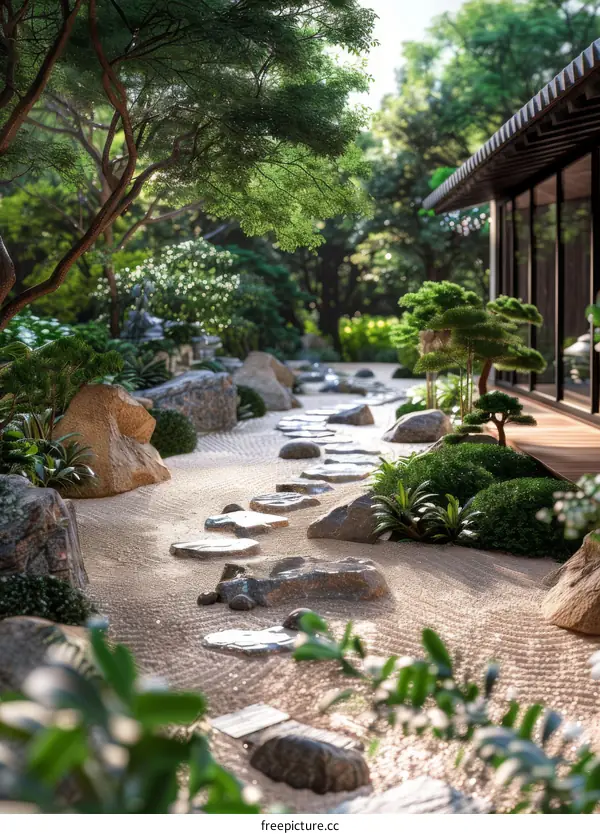 Peaceful Zen Garden with Stones and Plants