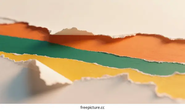 Close-up view of torn colorful paper layers with visible edges