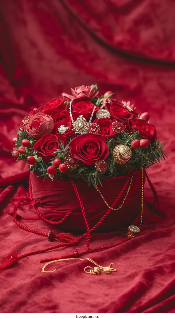 Exquisite flower bouquet with red roses and golden jewelry
