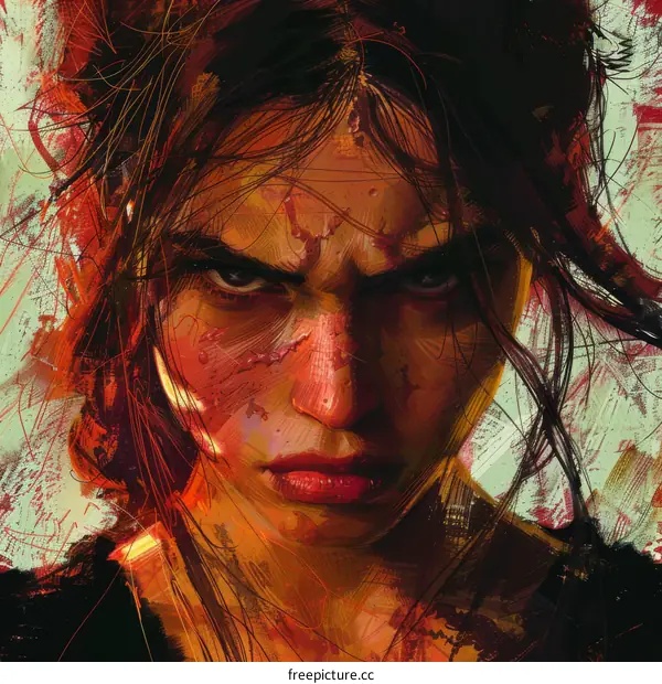 A woman with red hair and a stern expression on her face.