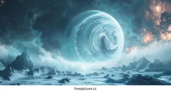 Ice giant planet with blue atmosphere and icy surface