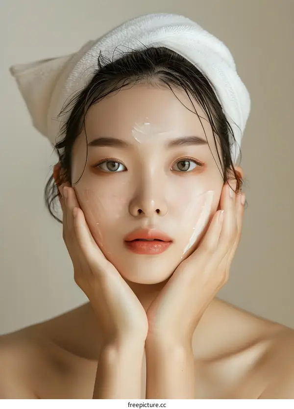 Beautiful Asian Woman Applying Face Cream
