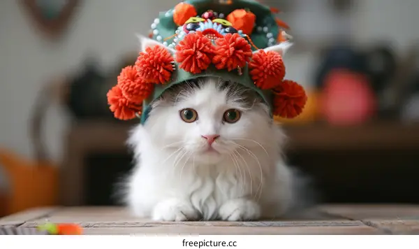 A cute cat wearing a traditional Chinese opera hat