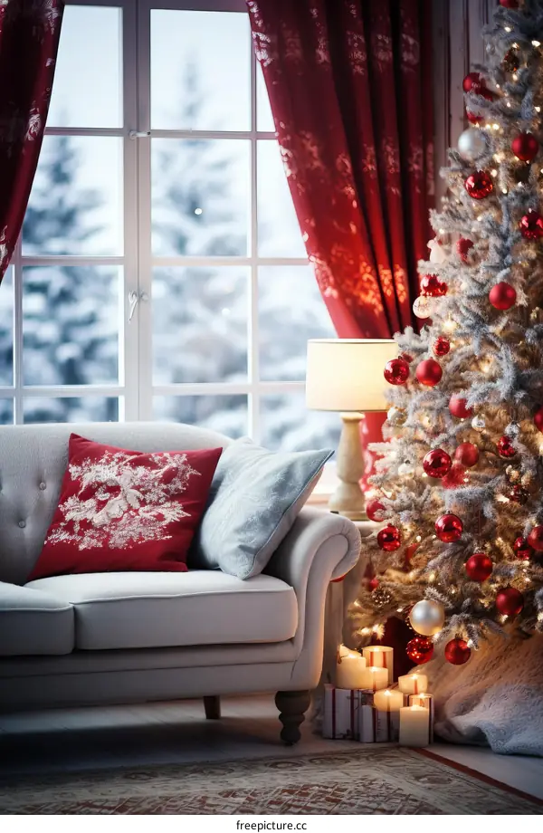 Cozy living room with Christmas tree and presents