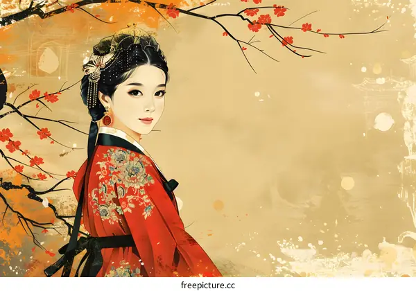 A beautiful Korean woman in traditional dress stands in a field of flowers.