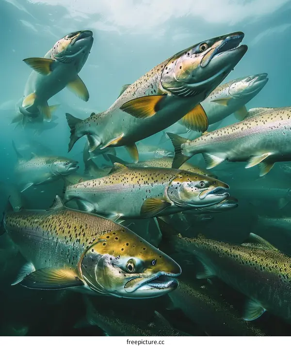 A large school of Atlantic salmon swim underwater