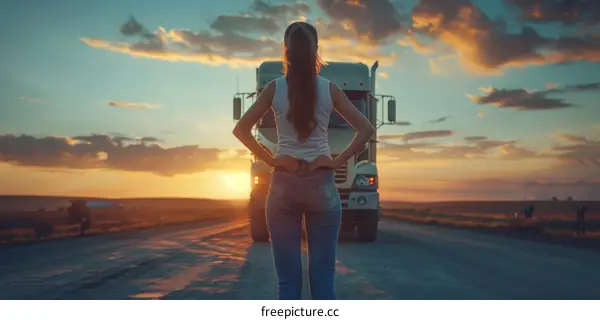 A woman standing in front of a semi truck at sunset