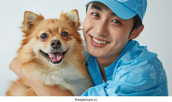 Asian man hugging a Pomeranian dog