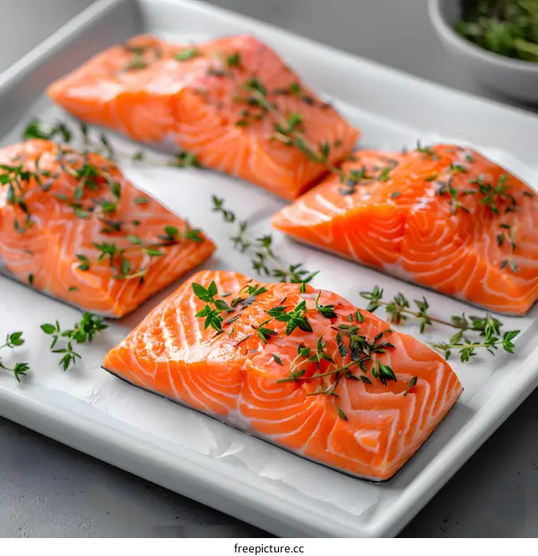 Four pieces of raw salmon fillet with fresh herbs