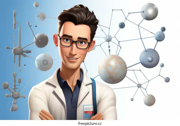 Male scientist in lab coat with molecules in background