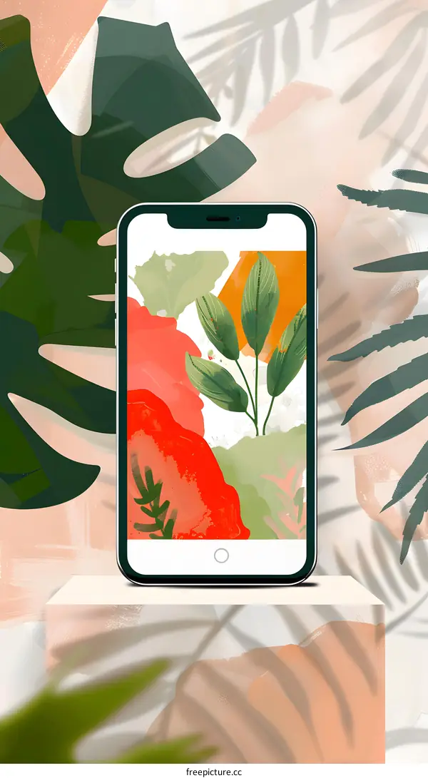 Abstract Phone Mockup with Tropical Leaves