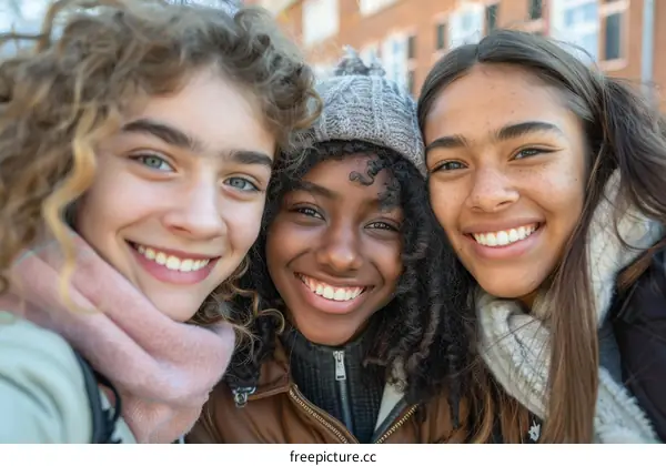 Three young multiracial female friends smiling and posing for a picture