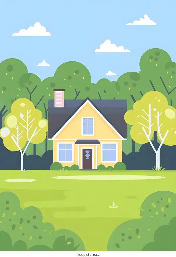 Yellow House in Green Trees