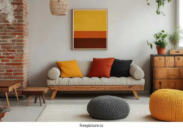 Modern Living Room with Wooden Furniture and Colorful Pillows