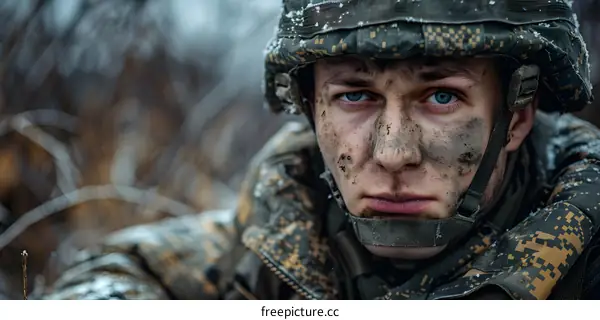 Portrait of a soldier wearing a helmet and camouflage