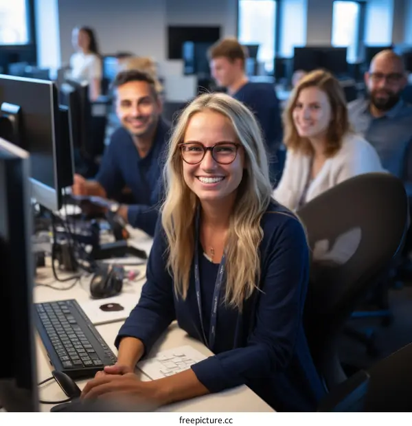 portrait of a young woman smiling with her colleagues in the background