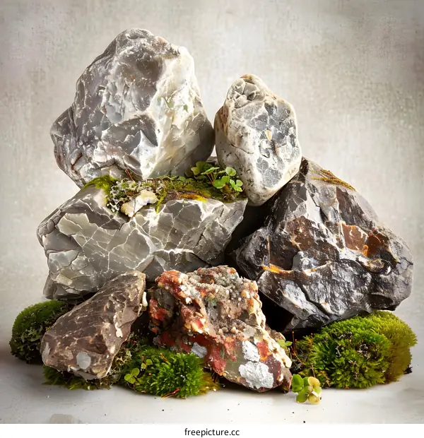 Close Up of Rocks With Moss on a Gray Background