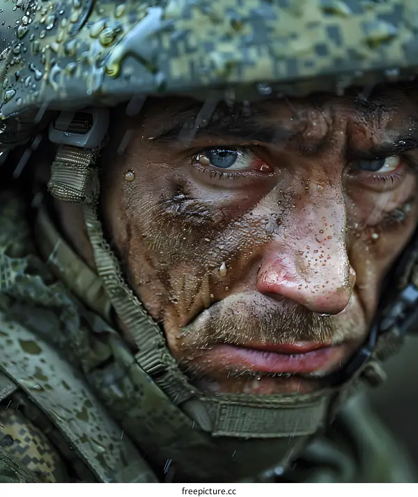 Portrait of a soldier with camouflage on his face