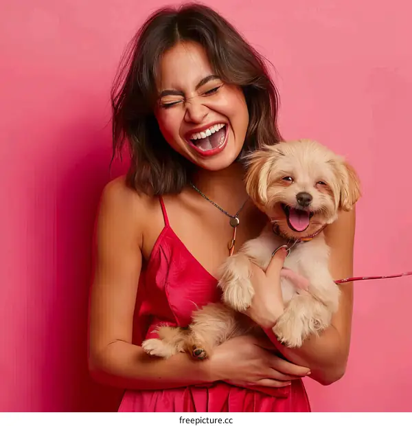 Laughing woman holding a dog