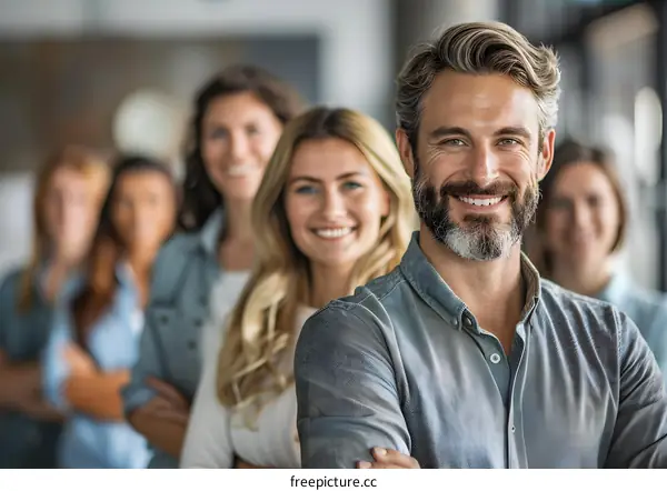 portrait of a smiling businessman with his colleagues in the background