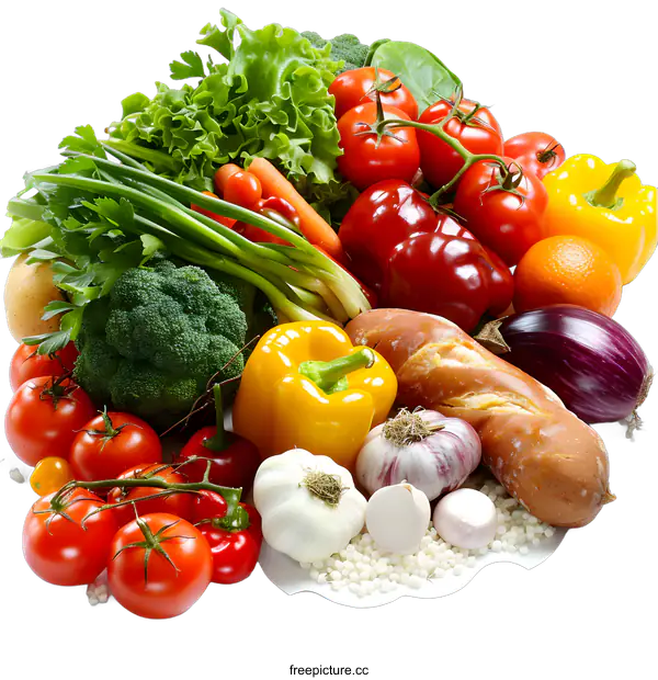 [Transparent Background PNG]Fresh Vegetables and Bread on a White Background