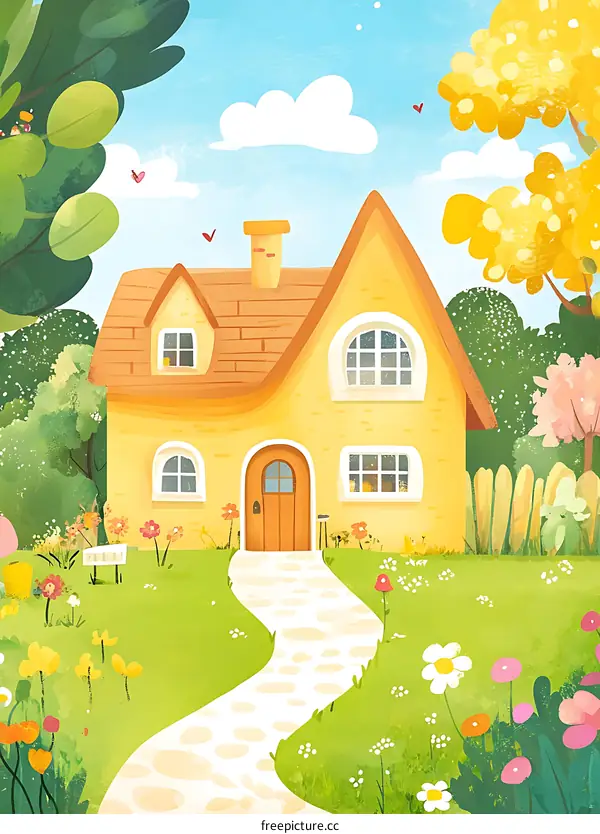 Yellow Cottage with Garden Path and Flowers